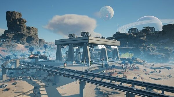 Satisfactory screenshot: A futuristic factory complex with conveyor belts and a distant planet in the sky, set in a rocky desert landscape.