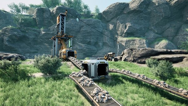 Screenshot from Satisfactory showing a mining operation with conveyor belts and machinery amidst rocky terrain and green vegetation.