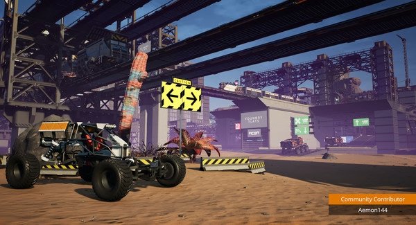 Satisfactory screenshot: A desert landscape with a buggy vehicle and industrial structures, including conveyor belts and signs.