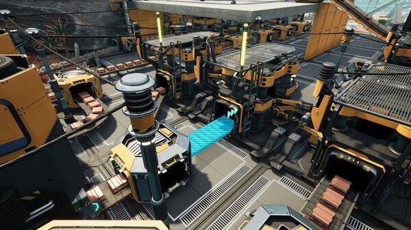 A Satisfactory screenshot showing a factory with conveyor belts and machinery in a detailed industrial setting.