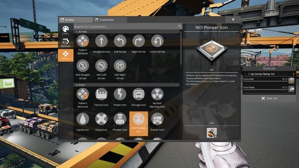 Satisfactory screenshot showing the customization menu with various icon options. A factory landscape is visible in the background.