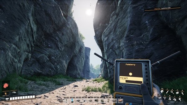 Satisfactory screenshot: A player holds a scanner in a rocky canyon path under a bright sky, searching for resources.