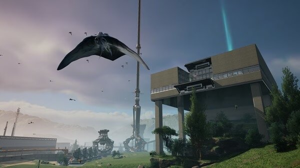 Satisfactory screenshot: A large manta ray-like creature flies near a futuristic building with distant industrial structures.