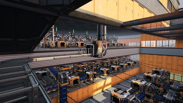 A Satisfactory screenshot showcasing a large, organized factory filled with conveyor belts, machines, and industrial structures.