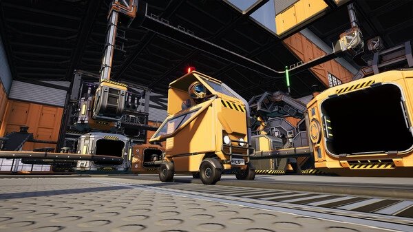 A Satisfactory screenshot showing a factory setup with conveyor belts, storage containers, and a small vehicle indoors.