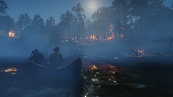 Screenshot from Red Dead Redemption 2 showing two characters in a canoe on a misty river at night.