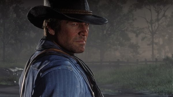 Screenshot from Red Dead Redemption 2 showing a character in a cowboy hat and denim jacket in a misty, rural setting.