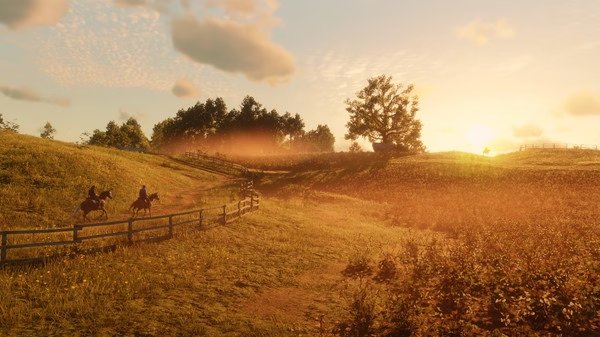 Red Dead Redemption 2 screenshot: Two riders on horseback traverse a sunlit grassy landscape with trees and fences in the distance.