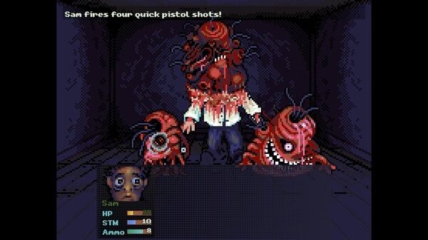 Screenshot from 'Look Outside' showing a character named Sam facing two monstrous creatures in a dark room.