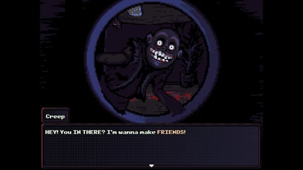 Screenshot from the game Look Outside showing a creepy character named Creep peering through a circular window with a sinister smile.