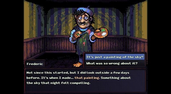 A screenshot from 'Look Outside' showing Frederic holding a paint palette and brush, with dialogue about painting the sky.
