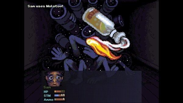 Screenshot from the game Look Outside showing a Molotov being thrown at a shadowy creature with tentacles and glowing eyes.