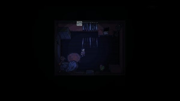 Screenshot from 'Look Outside' game showing a dimly lit room with a character standing near a bed and a desk.