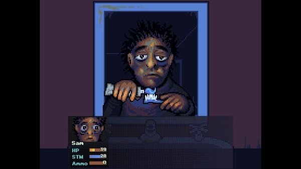 Screenshot from "Look Outside": A character brushes their teeth in front of a mirror, with health stats displayed below.
