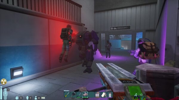 Abiotic Factor screenshot: Players face off against armored opponents in a high-tech corridor, illuminated by red and purple lights.