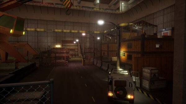Screenshot from Abiotic Factor shows a van parked in a dimly lit industrial warehouse with crates and overhead walkways.