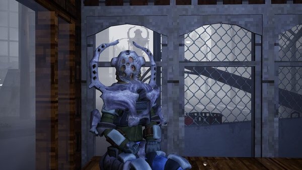 Screenshot from Abiotic Factor showing a humanoid figure in sci-fi armor sitting inside a structure with a misty background.