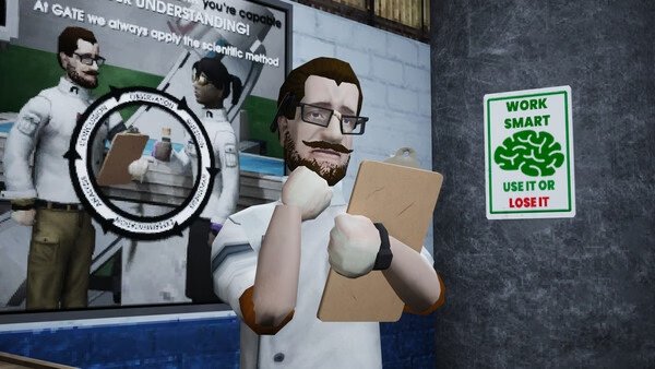 Screenshot from Abiotic Factor showing a character holding a clipboard in a room with science-themed posters on the wall.