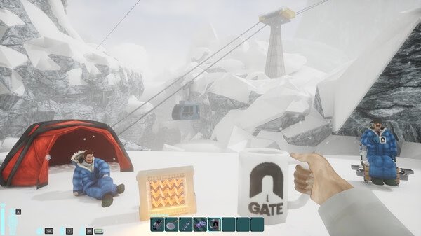 Screenshot of Abiotic Factor showing snowy terrain, a tent, seated characters in winter gear, and a hand holding a mug near a heater.