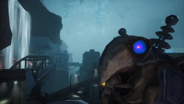 Screenshot from Abiotic Factor showing a large mechanical creature with glowing eyes in a futuristic cityscape.