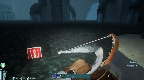 Screenshot from Abiotic Factor showing a player character using a fishing rod in a dark, industrial environment.