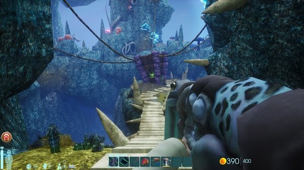 Screenshot from Abiotic Factor showing a player aiming a weapon on a bridge in a colorful underwater environment.