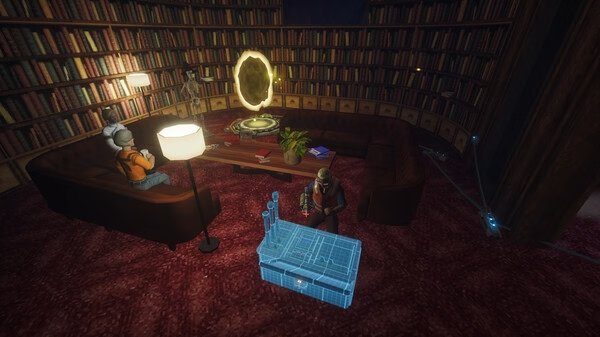Screenshot from Abiotic Factor showing characters in a library with holographic equipment and a glowing circular portal on a wooden table.