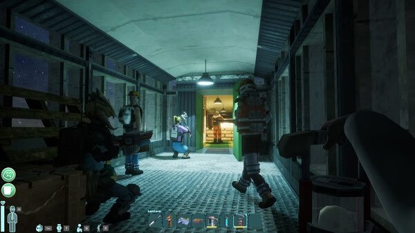 Screenshot from Abiotic Factor showing characters in a dimly lit corridor, equipped with gear, preparing for exploration.