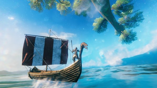 Valheim screenshot: A Viking character sails a longship with a dragon head prow under a bright blue sky and towering trees.
