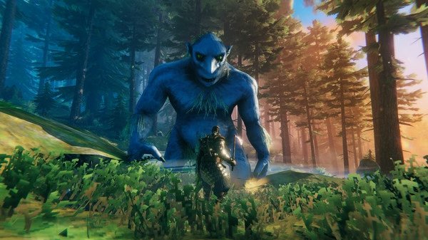 Valheim screenshot: A warrior confronts a giant troll in a lush, sunlit forest, ready for battle.