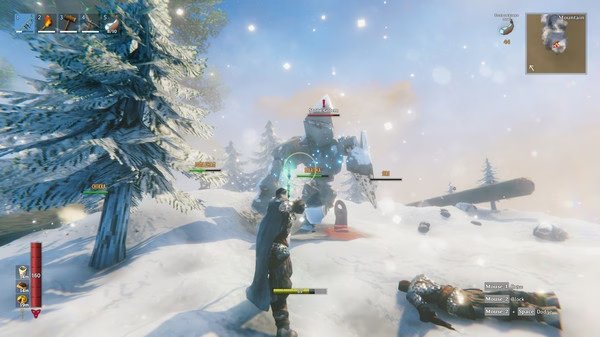 Valheim screenshot: A player battles a towering stone golem in a snowy mountain biome, surrounded by snow-covered trees.