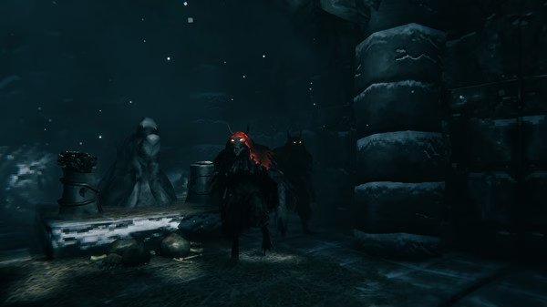 Valheim screenshot: Two creatures with glowing eyes and red accents stand in a dark, snowy dungeon with stone pillars and scattered bones.