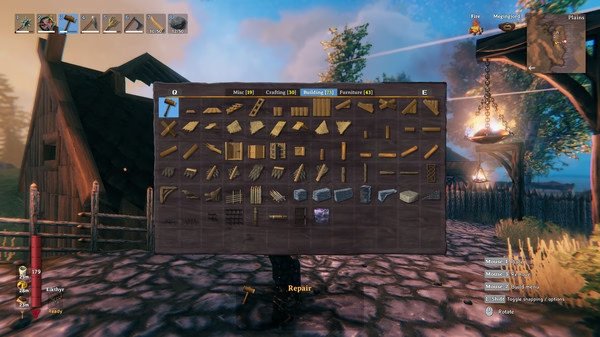 Valheim screenshot: A player opens the building menu in front of a wooden house, displaying various construction options.