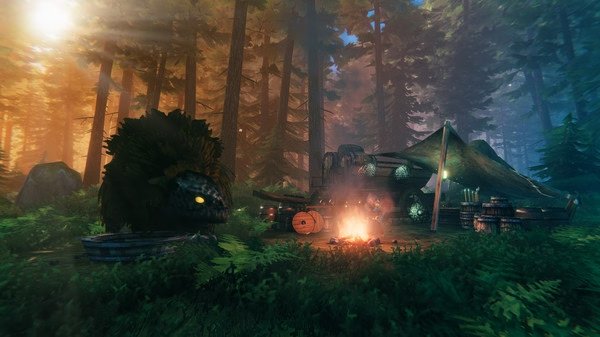 A Valheim screenshot showing a serene forest camp with a tent, campfire, barrels, and a tree-covered landscape in the background.