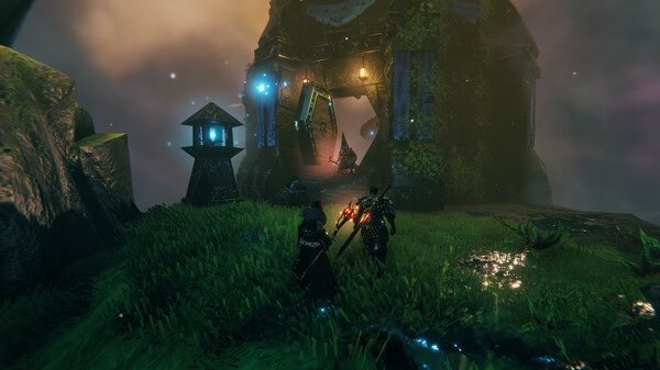 Two players approach a glowing, overgrown stone portal in a misty landscape in this Valheim screenshot.