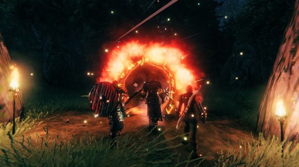Valheim screenshot: Three armored characters approach a glowing red portal, surrounded by torches and a dark forest setting.