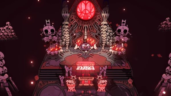 Cult of the Lamb screenshot: A lamb character leads a ritual in a dark temple with skull decorations and a glowing red symbol.