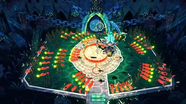 Screenshot from Cult of the Lamb showing a robed character standing on a mystical platform surrounded by glowing symbols and chains.