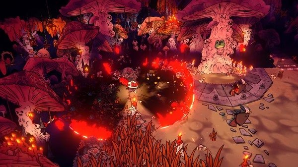 Cult of the Lamb screenshot showing a lamb casting a spell in a mystical forest with glowing mushrooms and eerie lighting.