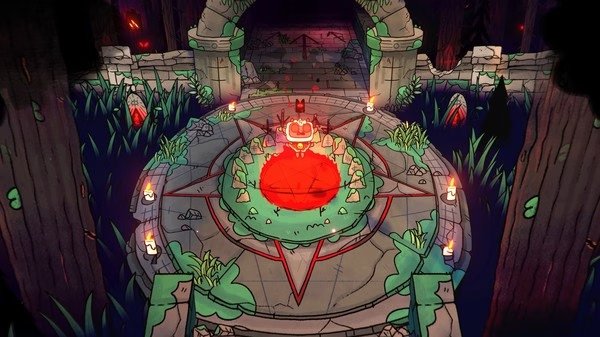 Cult of the Lamb screenshot: A lamb stands on a ritual circle surrounded by candles and ruins in a dark forest.