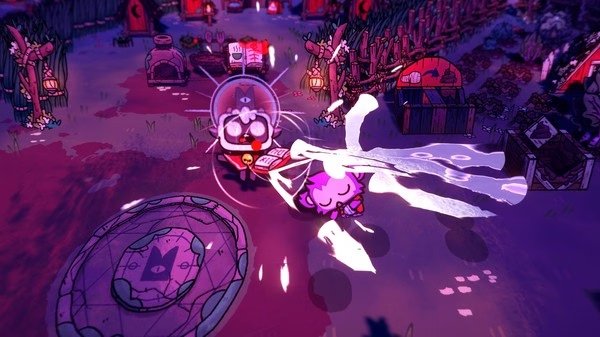 Screenshot from Cult of the Lamb: A lamb character casts a glowing spell in a village setting with huts and fences.