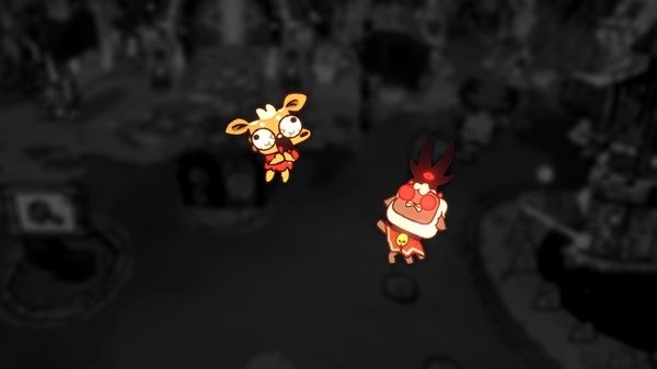 Screenshot from Cult of the Lamb showing two cartoon characters in a dark, atmospheric setting.