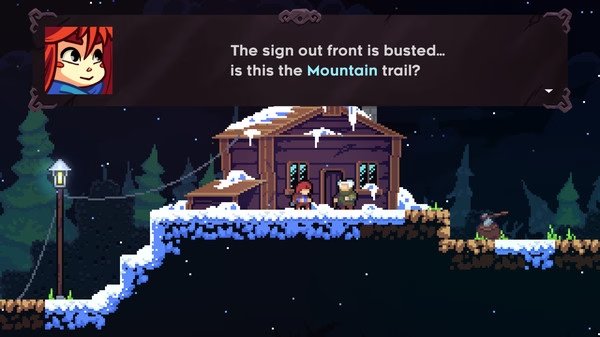 Screenshot from Celeste: Two characters stand by a snowy cabin, discussing a broken sign leading to the Mountain trail.