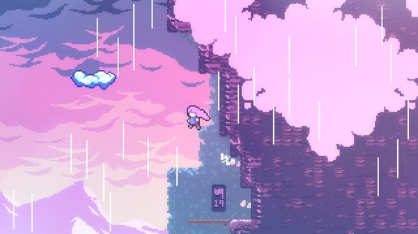 Screenshot from Celeste showing a character climbing a cliff in a rainstorm, with a fluffy cloud nearby.