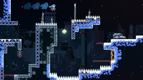 Celeste screenshot: A character jumps over spikes in a snowy, pixelated platforming level with a glowing gem in the center.