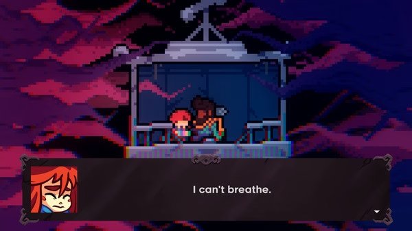 Screenshot from Celeste showing two characters in a cable car against a dark sky, with dialogue reading, "I can't breathe."