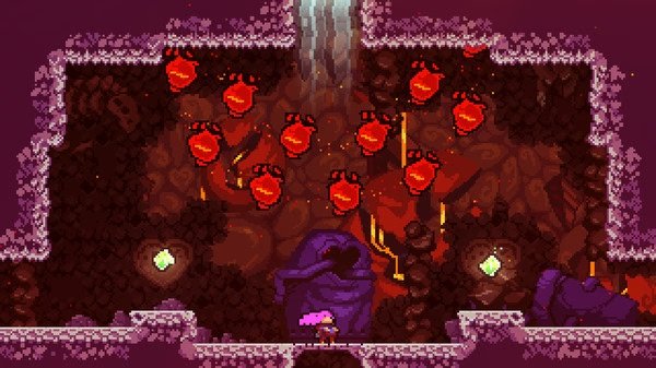 Celeste screenshot: Player stands beneath a waterfall in a cave filled with red hearts and purple rocks, ready for the next challenge.