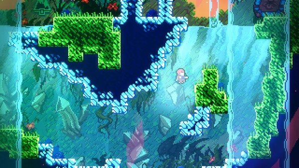Celeste screenshot: The player character stands underwater surrounded by icy platforms, green grass, and vibrant underwater scenery.