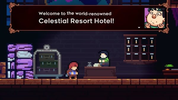 Screenshot of Celeste showing a dialogue scene at the Celestial Resort Hotel with two characters and a stack of towels.