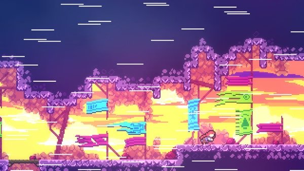 Screenshot from Celeste showing a pixel art mountain landscape with a character climbing amid vibrant colors and streaming lines.